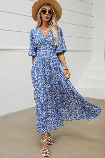 Blue Floral V Neck Half Sleeves Long Summer Dress with Slit